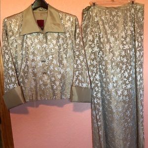 Tan jacket/skirt set with white beading